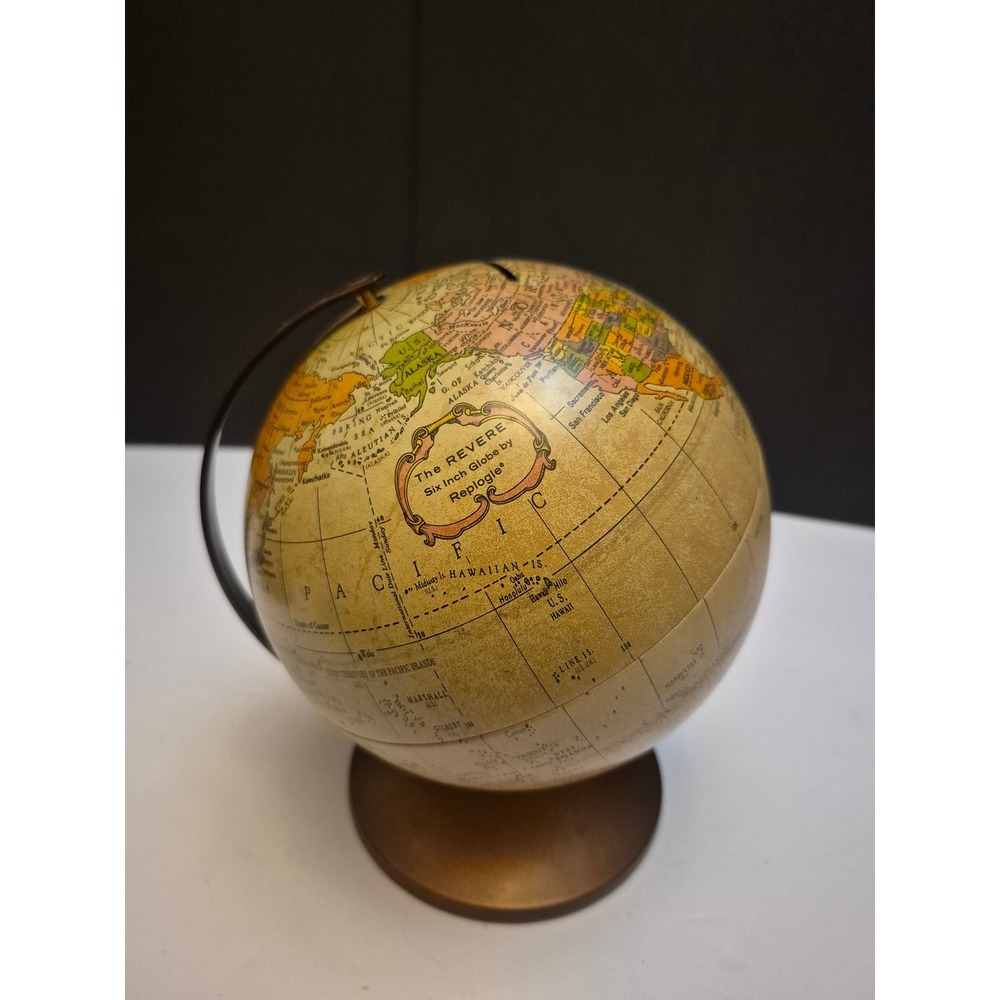 Vintage Replogle The Revere 6 Inch Globe Coin Bank Metal Base Mid Century Decor
